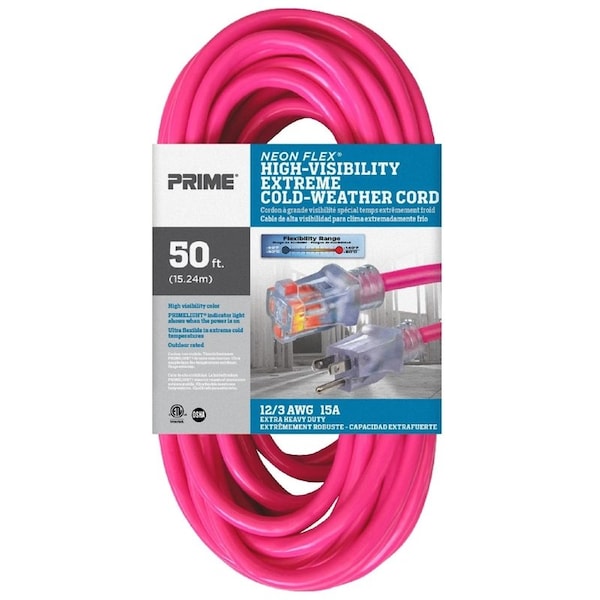 Prime Cable And Wire SJTW Extension Cord, 12 AWG, Outdoor, 12/3, 1 Outlets, 5-15R, High Visibility Pink, Nylon/Rubber NS513830 - main